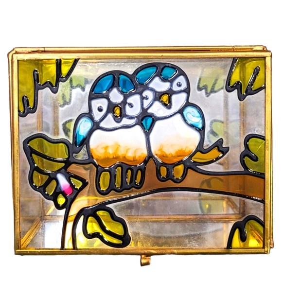 Glass Trinket Box Love Birds Faux Stained Glass Blue Birds Hinged 4.5 X 3.5 - Picture 1 of 4